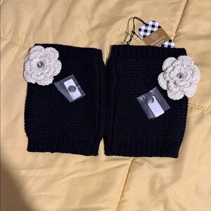 Black Knit Boot Socks with Cream Flower Accents And Snaps